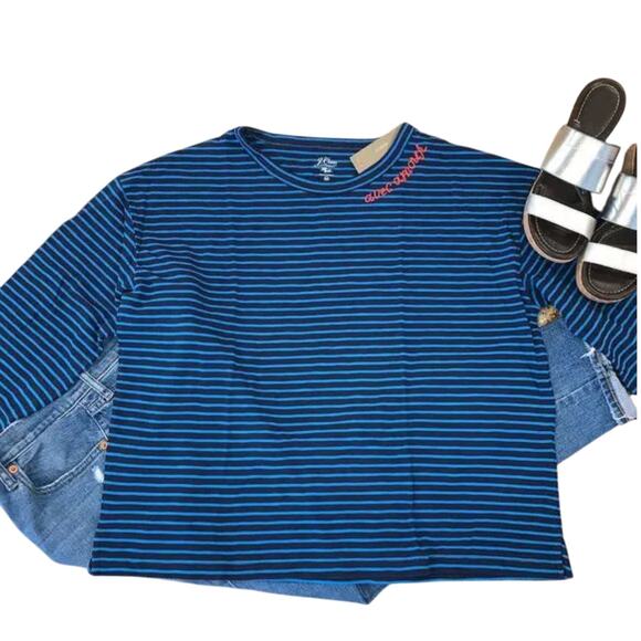 NWT J. Crew Blue Stripe W/ Embroidered "Avec Amour" T-shirt - SIZE S - Picture 3 of 10